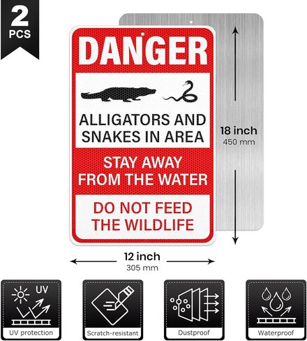 2 Pack Danger Alligators and Snakes in Area Signs 12 x 18 Inch Reflective Aluminum Metal Warning Sign Rust-Free UV Protected Do Not Feed the Wildlife Sign for Outdoor in Kuwait