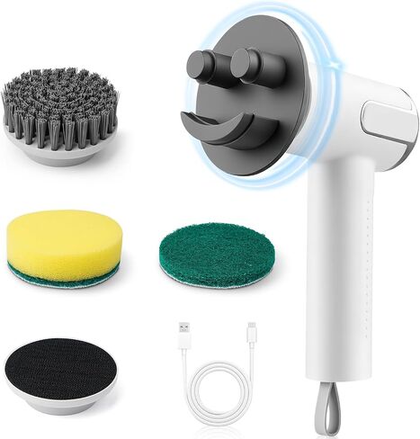 Electric Spin Scrubber Compatible with Scrub Daddy/Mommy, Coinicxcel 2-Speed Option IP7X Waterproof Smile Sponge Dish Wand Holder with 4 Replaceable Heads, Lightweight for Oven/Stove/Sink in Kuwait