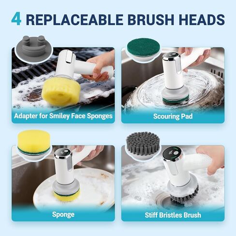 Electric Spin Scrubber Compatible with Scrub Daddy/Mommy, Coinicxcel 2-Speed Option IP7X Waterproof Smile Sponge Dish Wand Holder with 4 Replaceable Heads, Lightweight for Oven/Stove/Sink in Kuwait