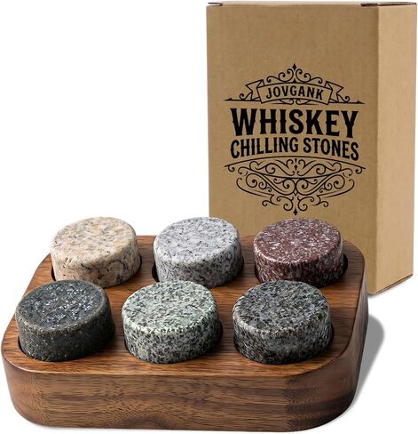 JOVGANK Granite Whiskey Stones Set of 6 with Wood Tray - Reusable Whisky Chilling Rocks for Scotch, Bourbon, Cocktails - Cool Drinks Without Dilution, Perfect Bar Accessories & Gift for Men in Kuwait