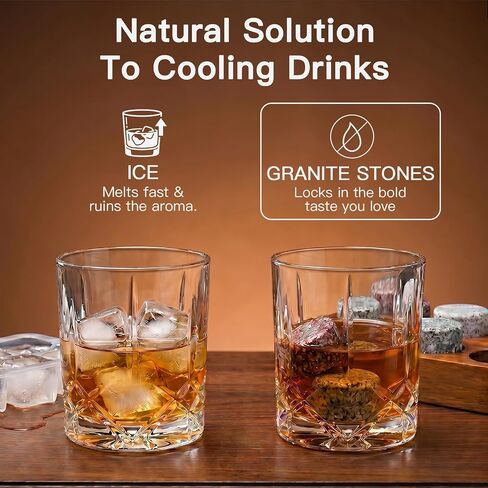 JOVGANK Granite Whiskey Stones Set of 6 with Wood Tray - Reusable Whisky Chilling Rocks for Scotch, Bourbon, Cocktails - Cool Drinks Without Dilution, Perfect Bar Accessories & Gift for Men in Kuwait
