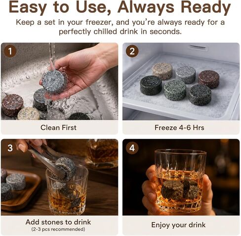 JOVGANK Granite Whiskey Stones Set of 6 with Wood Tray - Reusable Whisky Chilling Rocks for Scotch, Bourbon, Cocktails - Cool Drinks Without Dilution, Perfect Bar Accessories & Gift for Men in Kuwait