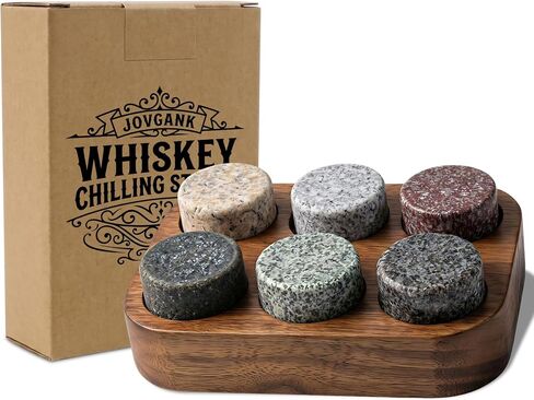 JOVGANK Granite Whiskey Stones Set of 6 with Wood Tray - Reusable Whisky Chilling Rocks for Scotch, Bourbon, Cocktails - Cool Drinks Without Dilution, Perfect Bar Accessories & Gift for Men in Kuwait