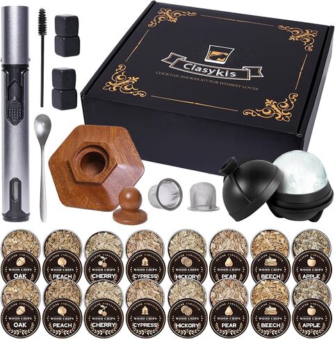 Premium 27Pcs Whiskey Smoker Kit-Complete Gift Box, Cocktail Smoker Infuser Kit, Old Fashioned Drink Smoker Kit, No Extra Accessories Needed, Bourbon Whiskey Gifts for Men,Husband,Dad,Him(No Butane in Kuwait
