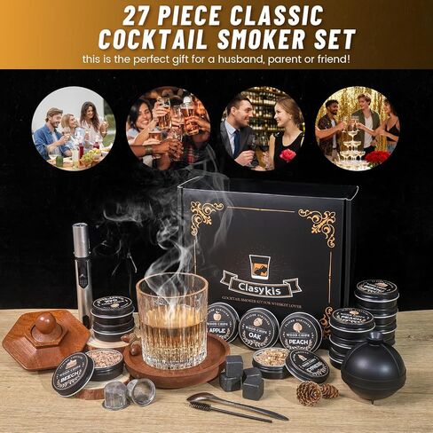 Premium 27Pcs Whiskey Smoker Kit-Complete Gift Box, Cocktail Smoker Infuser Kit, Old Fashioned Drink Smoker Kit, No Extra Accessories Needed, Bourbon Whiskey Gifts for Men,Husband,Dad,Him(No Butane in Kuwait