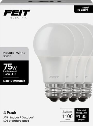 Feit Electric A19 LED Light Bulb, 75W Equivalent, 1100 Lumens, 3500K Neutral White, Non-Dimmable, E26 Base, Indoor/Outdoor, General Purpose LED Bulbs, 11,000-Hour Lifespan, A1100/835/10KLED/4, 4 Pack in Kuwait