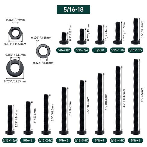 مسامير سداسية مقاس 5/16-18 × 1-1/2 بوصة مع صواميل وغسالات (10 مجموعات)، 18-8 (304) من الفولاذ المقاوم للصدأ، محرك سداسي خارجي، براغي براغي برأس سداسية مطلية بأكسيد أسود، Fayeploo in Kuwait