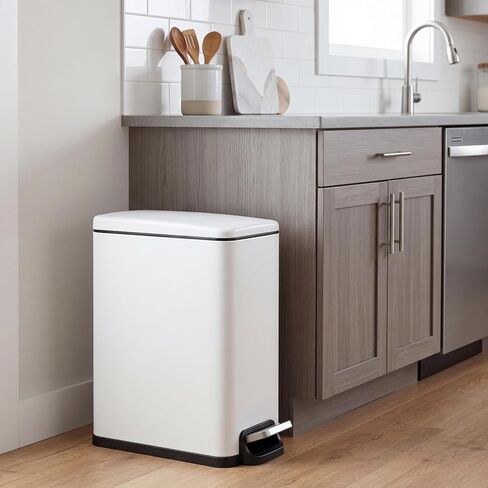 Takywep Slim Kitchen Trash Can with Lid, 10L Narrow Stainless Steel Garbage Can, Step Pedal Trash Bin with Soft Close & Stay Open Lid, Space Saving Can with Inner Bucket for Bathroom Office White in Kuwait