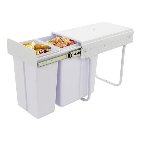 Dual Pull Out Trash Can Under Cabinet, 20L+10L Kitchen Cabinet Trash Can with Soft-Close Sliding Garbage Can Under Sink, Slide Out Hidden Trash Bin for Kitchen (White) in Kuwait
