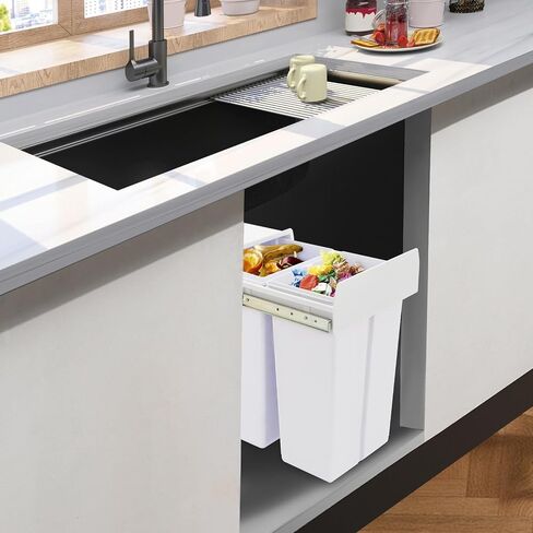 Dual Pull Out Trash Can Under Cabinet, 20L+10L Kitchen Cabinet Trash Can with Soft-Close Sliding Garbage Can Under Sink, Slide Out Hidden Trash Bin for Kitchen (White) in Kuwait