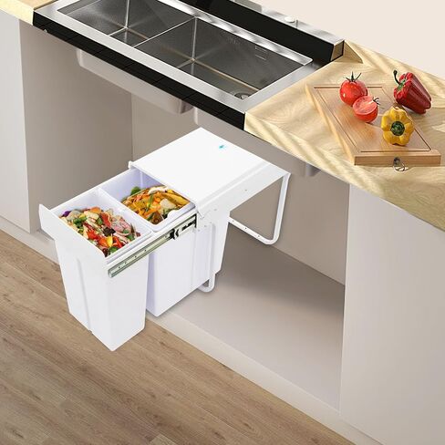 Dual Pull Out Trash Can Under Cabinet, 20L+10L Kitchen Cabinet Trash Can with Soft-Close Sliding Garbage Can Under Sink, Slide Out Hidden Trash Bin for Kitchen (White) in Kuwait
