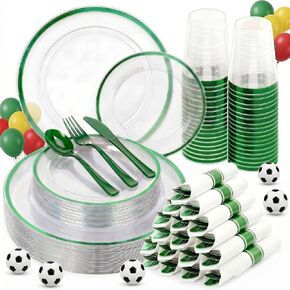 350pcs Plastic Plates for Party Clear & Red | Disposable Plastic Dinnerware Set for 50 Guests Include 100 Plastic Plates,50 Cups & 50 Pre Rolled Napkins with Cutlery Set in Kuwait