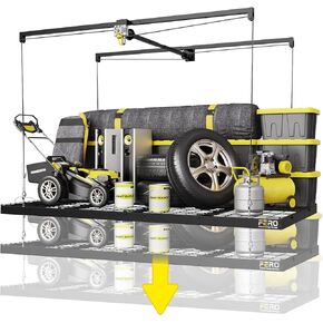 FERO Overhead Garage Storage Rack, 500 lb Capacity, 4x8 FT Garage Ceiling Storage Rack with Safety Lock, Heavy-Duty Ceiling Mounted Lift System, Drop-Down Garage Ceiling Organizer in Kuwait