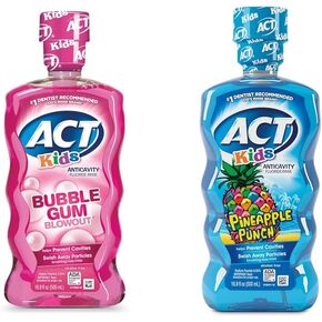 ACT Kids مضاد للتجويف بالفلورايد، شطف العلكة الفقاعية، 16.9 أونصة سائلة. أوقية. والأناناس لكمة 16.9 فلوريدا. أوقية. مع أكواب الجرعات الدقيقة in Kuwait