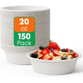 ECOLipak 20 OZ 150 Count Paper Bowls, Disposable Compostable Large Soup Bowl, Heavy Duty Bagasse Bowls for Family Lunch, Dinner Meals, Camping, Party in Kuwait