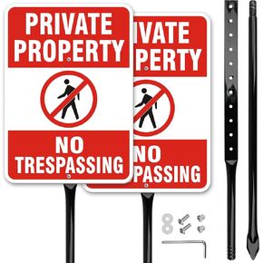 No Trespassing Sign Private Property with 36" Metal Stakes, 14" x 10" 2 Pack, 40 MIL Heavy Duty Reflective Aluminum, Weatherproof & Fade-Resistant for Outdoor Yard, Farm, Warehouse in Kuwait