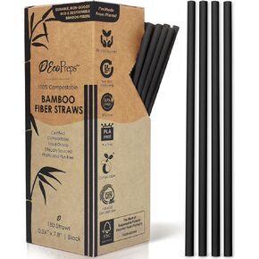 EcoPreps Black Biodegradable Bamboo Fiber Straws - 150 Count, 100% Compostable, Plastic-Free, Eco-Friendly Drinking Straw - 7.8'' Plant Fiber Disposable Straws, Compostable Black Straw For Cocktails in Saudi Arabia