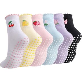 Cute Pilates Grip Socks for Women, Embroidered Yoga Socks | 6 Pairs Non-Slip Socks with Grippy Dots and Reinforced Heel. Pilates Gifts for Barre Hospital Barefoot Workout,Fit Size 5-7.5 in Saudi Arabia