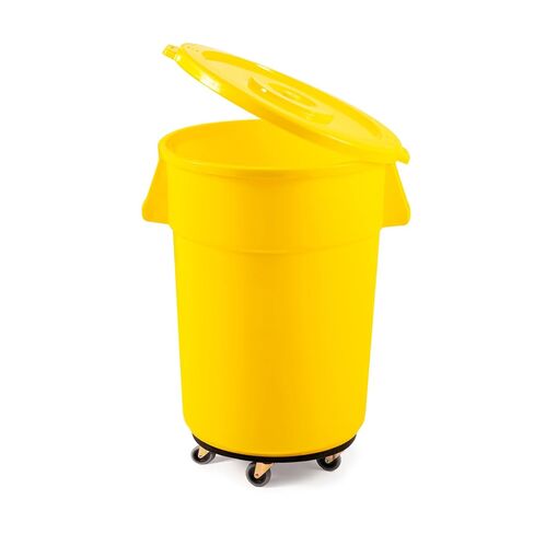 Round Commercial Trash Can, Durable Plastic, Heavy-Duty Indoor/Outdoor Use, Reinforced Handles, Ideal for Waste Management in Offices, Kitchens, and Facilities (Yellow, 44 Gallon with Lid and Dolly) in Kuwait