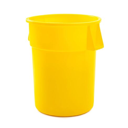 Round Commercial Trash Can, Durable Plastic, Heavy-Duty Indoor/Outdoor Use, Reinforced Handles, Ideal for Waste Management in Offices, Kitchens, and Facilities (Yellow, 44 Gallon with Lid and Dolly) in Kuwait
