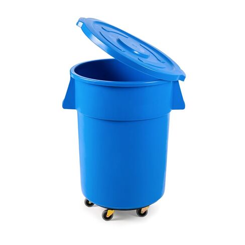 Round Commercial Trash Can, Durable Plastic, Heavy-Duty Indoor/Outdoor Use, Reinforced Handles, Ideal for Waste Management in Offices, Kitchens, and Facilities (Yellow, 44 Gallon with Lid and Dolly) in Kuwait