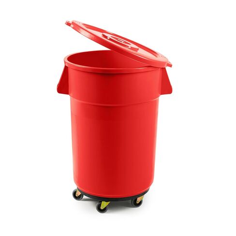 Round Commercial Trash Can, Durable Plastic, Heavy-Duty Indoor/Outdoor Use, Reinforced Handles, Ideal for Waste Management in Offices, Kitchens, and Facilities (Yellow, 44 Gallon with Lid and Dolly) in Kuwait