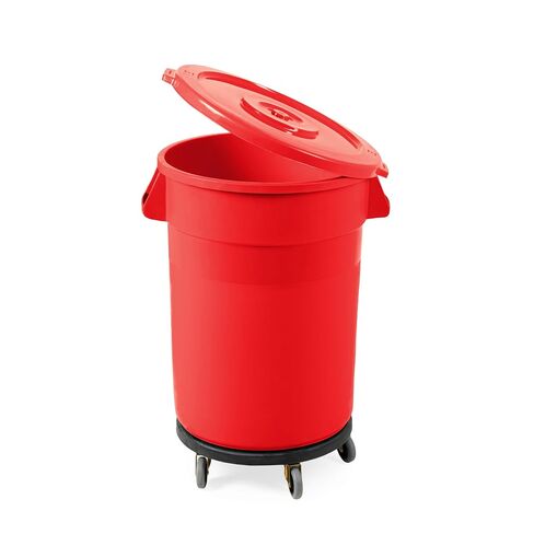 Round Commercial Trash Can, Durable Plastic, Heavy-Duty Indoor/Outdoor Use, Reinforced Handles, Ideal for Waste Management in Offices, Kitchens, and Facilities (Yellow, 44 Gallon with Lid and Dolly) in Kuwait
