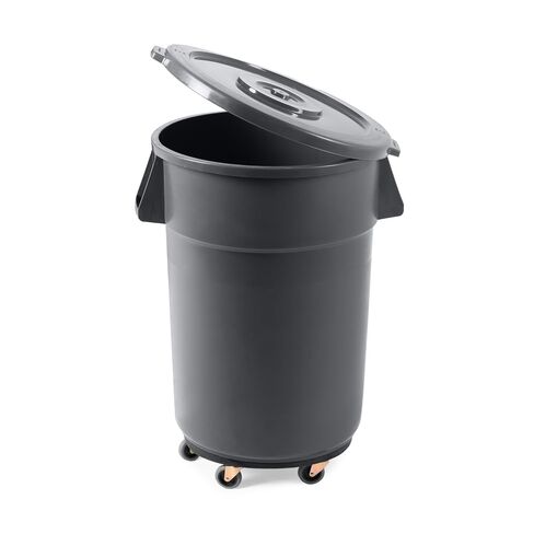 Round Commercial Trash Can, Durable Plastic, Heavy-Duty Indoor/Outdoor Use, Reinforced Handles, Ideal for Waste Management in Offices, Kitchens, and Facilities (Yellow, 44 Gallon with Lid and Dolly) in Kuwait