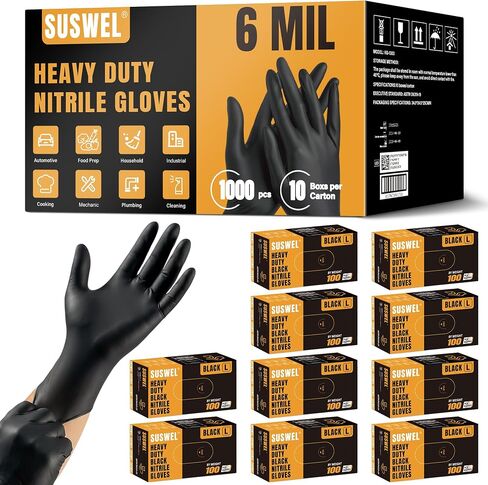HEAVY DUTY 6 Mil Nitrile Gloves Disposable Latex Free Black Rubber Mechanic Tattoo Cleaning Cooking Gloves 1000PCs in Kuwait