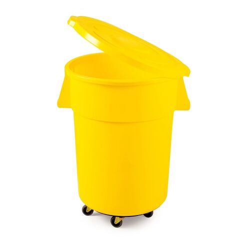 Round Commercial Trash Can, Durable Plastic, Heavy-Duty Indoor/Outdoor Use, Reinforced Handles, Ideal for Waste Management in Offices, Kitchens, and Facilities (Yellow, 44 Gallon with Lid and Dolly) in Kuwait