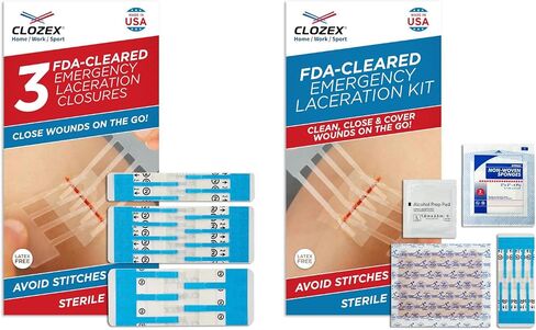Clozex إغلاق التمزق في حالات الطوارئ ومجموعة FSA HSA جهاز إغلاق الجلد المؤهل لعلاج 4 جروح مجتمعة تصل إلى 5 3/4 بوصة تتضمن مجموعة كاملة لتنظيف وإغلاق وتغطية الإصابات بدون غرز in Kuwait