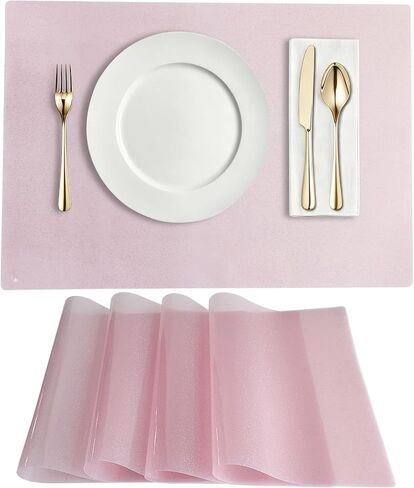 Kasepie Clear PVC placemats Set of 4 17.5x12inch Shiny Vinyl Table Protector for Office, Crystal Clear, Painting Table, Shelves - Heat Resistant Wipeable Place Mats (Light Pink) in Kuwait