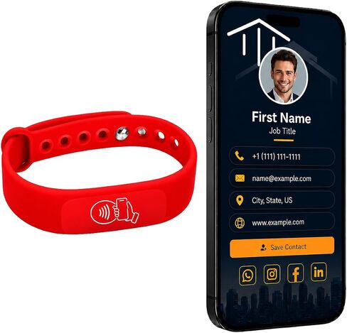 NFC Smart Business Card Wristband, Adjustable (Black) | QR Code, Waterproof Silicone, Tap to Share Contact Info, Works with iPhone and Android in Kuwait