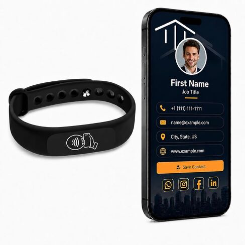 NFC Smart Business Card Wristband, Adjustable (Black) | QR Code, Waterproof Silicone, Tap to Share Contact Info, Works with iPhone and Android in Kuwait
