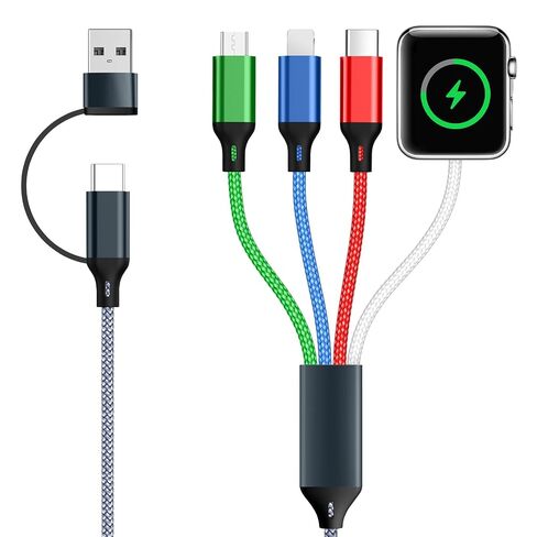 كابل شحن متعدد 4 في 2 مع شاحن ساعة Apple ومدخل USB A وUSB C | توافق واسع، مضفر، محمول، شحن سريع، خالي من التشابك، السفر بشكل أساسي in Saudi Arabia