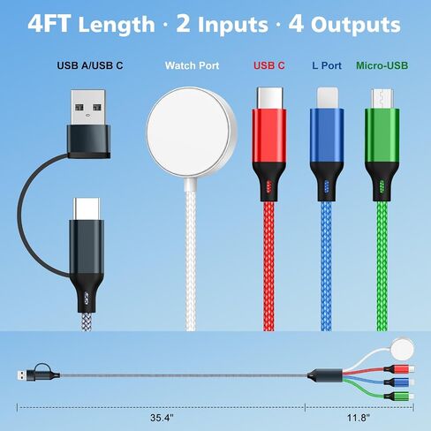 كابل شحن متعدد 4 في 2 مع شاحن ساعة Apple ومدخل USB A وUSB C | توافق واسع، مضفر، محمول، شحن سريع، خالي من التشابك، السفر بشكل أساسي in Saudi Arabia
