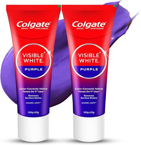 Colgate Visible White Purple Toothpaste, Teeth Whitening Toothpaste Whitens Yellow Teeth, Enamel-Safe Daily Use (2 Pack 100g+20g/3.5oz+0.7oz) in Kuwait