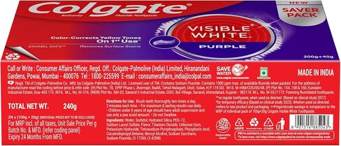 Colgate Visible White Purple Toothpaste, Teeth Whitening Toothpaste Whitens Yellow Teeth, Enamel-Safe Daily Use (2 Pack 100g+20g/3.5oz+0.7oz) in Kuwait