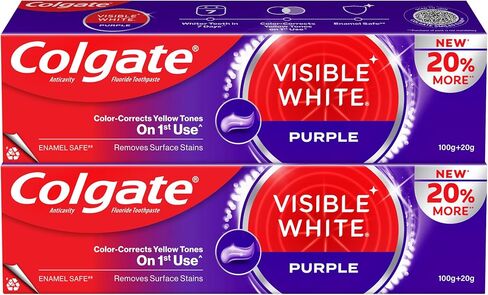 Colgate Visible White Purple Toothpaste, Teeth Whitening Toothpaste Whitens Yellow Teeth, Enamel-Safe Daily Use (2 Pack 100g+20g/3.5oz+0.7oz) in Kuwait