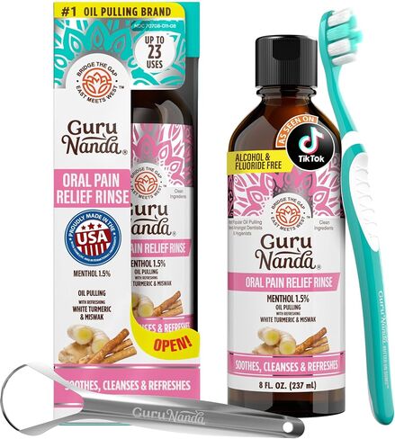 GuruNanda Oral Pain Relief Mouthwash – 1.5% Menthol for Canker Sore, Mouth Sore & Oral Irritation Relief – White Turmeric, Miswak & Clove for Fresh Breath & Happy Gums – Alcohol Free, 8 oz in Kuwait
