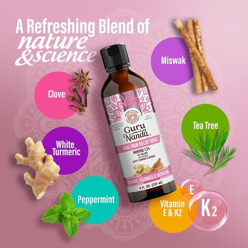 GuruNanda Oral Pain Relief Mouthwash – 1.5% Menthol for Canker Sore, Mouth Sore & Oral Irritation Relief – White Turmeric, Miswak & Clove for Fresh Breath & Happy Gums – Alcohol Free, 8 oz in Kuwait