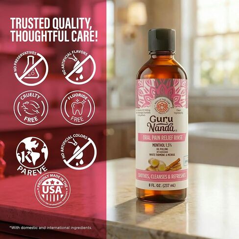 GuruNanda Oral Pain Relief Mouthwash – 1.5% Menthol for Canker Sore, Mouth Sore & Oral Irritation Relief – White Turmeric, Miswak & Clove for Fresh Breath & Happy Gums – Alcohol Free, 8 oz in Kuwait