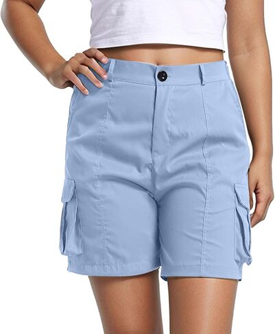 Women's Cargo Shorts Buttoned High Waisted Hiking Casual Shorts Summer Elastic Waist Short Pants with Pockets in Kuwait