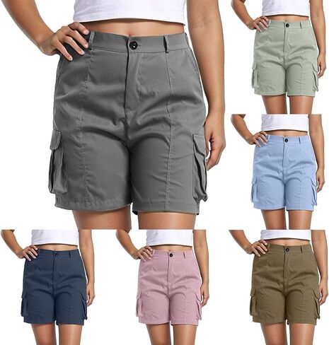 Women's Cargo Shorts Buttoned High Waisted Hiking Casual Shorts Summer Elastic Waist Short Pants with Pockets in Kuwait