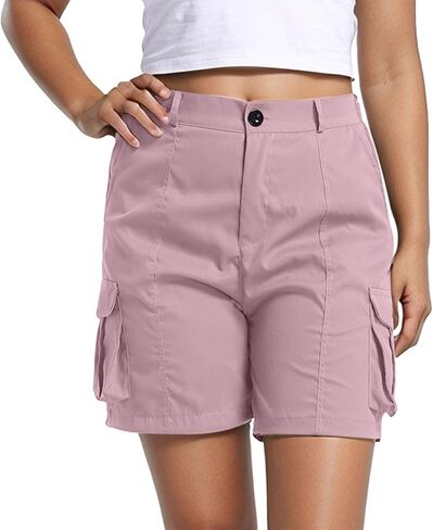 Women's Cargo Shorts Buttoned High Waisted Hiking Casual Shorts Summer Elastic Waist Short Pants with Pockets in Kuwait