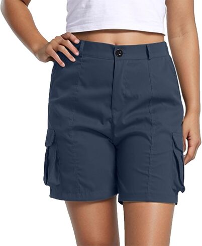 Women's Cargo Shorts Buttoned High Waisted Hiking Casual Shorts Summer Elastic Waist Short Pants with Pockets in Kuwait