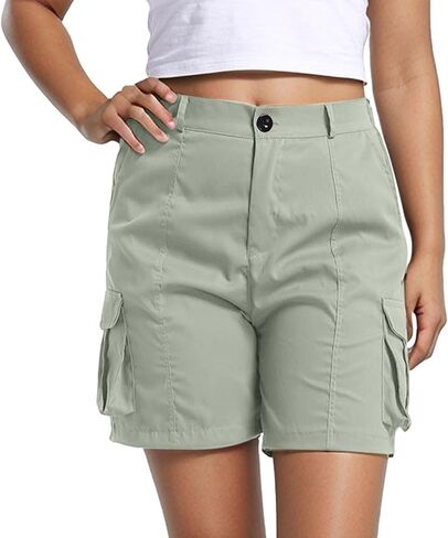 Women's Cargo Shorts Buttoned High Waisted Hiking Casual Shorts Summer Elastic Waist Short Pants with Pockets in Kuwait