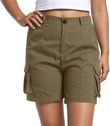 Women's Cargo Shorts Buttoned High Waisted Hiking Casual Shorts Summer Elastic Waist Short Pants with Pockets in Kuwait