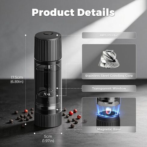 Luvan Pepper Grinder, Sleek Manual Pepper Mill with Stainless Steel Grinding Core, Adjustable Coarseness, Refillable Semi-Transparent Spice Grinder for Kitchen Cooking & Dining in Kuwait
