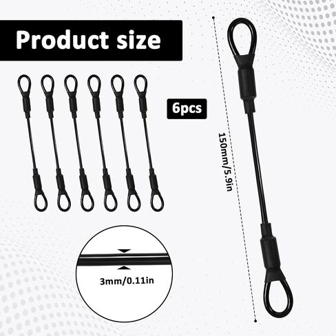 6 Pcs Loop Link Cord, 5.9 Inch Stainless Steel Wire Rope with Rubber Coated Loops, 3mm Braided Steel Safety Lanyard Cable Strap (130lb Tensile Force, Black) in Kuwait
